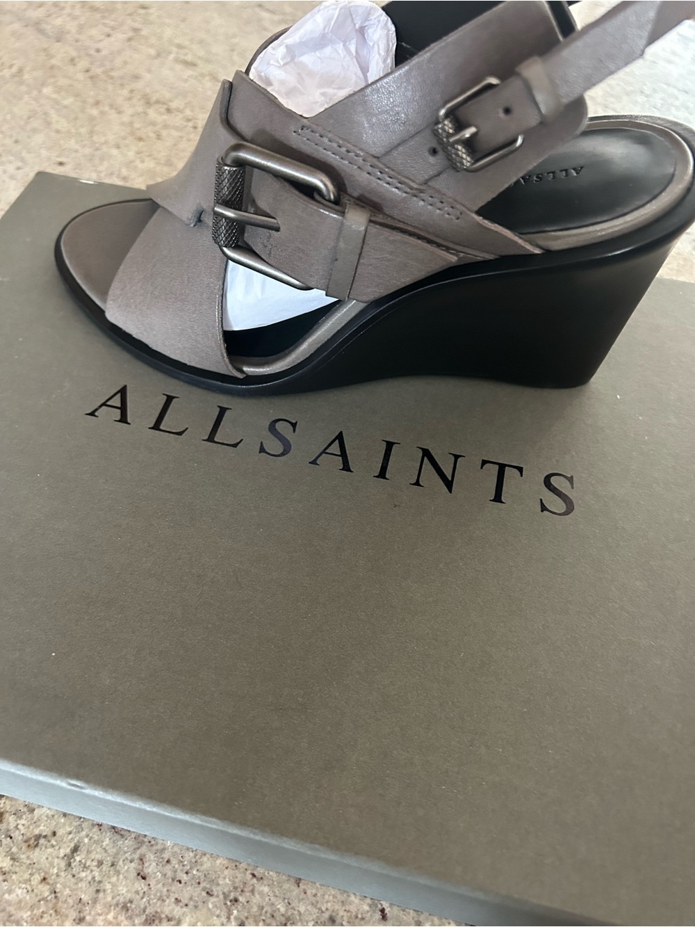 All Saints Taupe Crisscross Leather Slingback Sandals - Picture 6 of 7